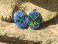 Polished Dumortierite Pendants with Hand Painted Butterfly - sold per item - From Mozambique