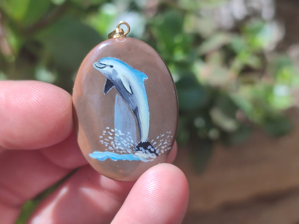 Polished Polychrome Jasper Pendant with Hand Painted Dolphin - sold per item - From Madagascar