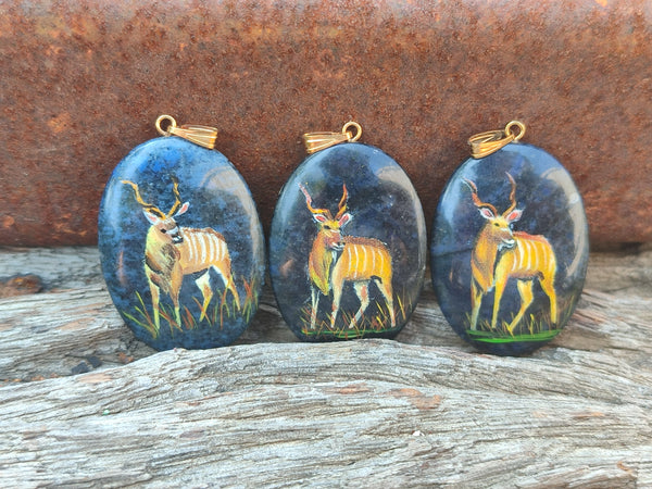 Polished Dumortierite Pendants with Hand Painted Kudu - sold per item - From Mozambique