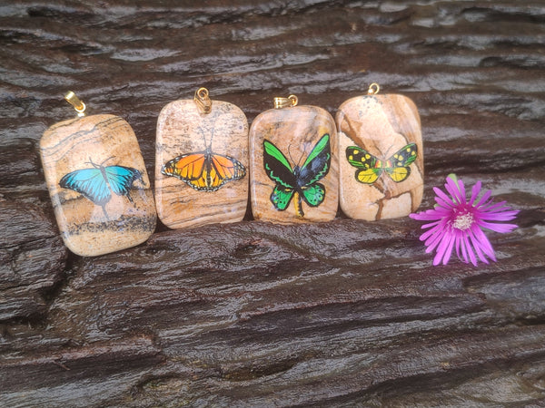 Polished Picture Stone Pendant with Hand Painted Butterfly - Sold Per Item - From Namibia