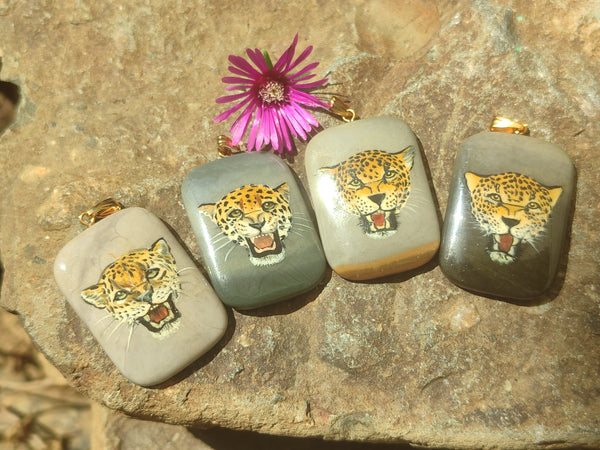 Polished Polychrome Jasper Pendant with Hand Painted Leopard - sold per item - From Madagascar