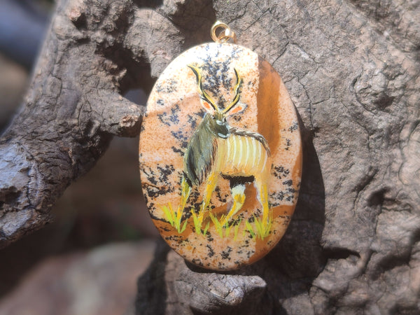 Polished Picture Stone Pendant with Hand Painted Kudu - Sold Per Item - From Namibia