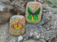 Polished Unakite Pendant with Hand Painted Butterfly - Sold Per Item - From South Africa