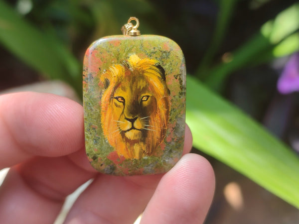 Polished Unakite Pendant with Hand Painted Lion - Sold Per Item - From South Africa