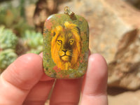 Polished Unakite Pendant with Hand Painted Lion - Sold Per Item - From South Africa