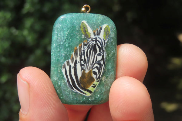 Polished Aventurine Pendant with Hand Painted Zebra - Sold Per Item - From Zimbabwe