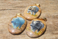 Polished Picture Stone Pendant with Hand Painted Rhinos - Sold Per Item - From Namibia