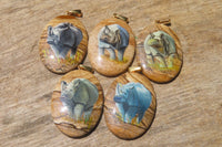 Polished Picture Stone Pendant with Hand Painted Rhinos - Sold Per Item - From Namibia