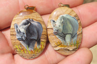 Polished Picture Stone Pendant with Hand Painted Rhinos - Sold Per Item - From Namibia