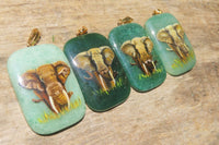 Polished Aventurine Pendant with Hand Painted Elephants - Sold Per Item - From Zimbabwe