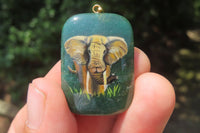 Polished Aventurine Pendant with Hand Painted Elephants - Sold Per Item - From Zimbabwe