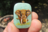 Polished Aventurine Pendant with Hand Painted Elephants - Sold Per Item - From Zimbabwe