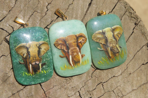 Polished Aventurine Pendant with Hand Painted Elephants - Sold Per Item - From Zimbabwe