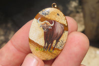 Polished Picture Stone Pendant with Hand Painted Buffaloes - Sold Per Item - From Namibia