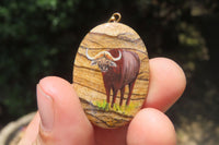 Polished Picture Stone Pendant with Hand Painted Buffaloes - Sold Per Item - From Namibia