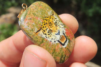 Polished Unakite Pendant with Hand Painted Leopard - Sold Per Item - From South Africa