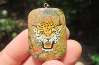 Polished Unakite Pendant with Hand Painted Leopard - Sold Per Item - From South Africa