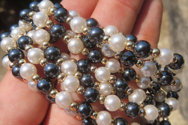 Polished Silver Hematite and Freshwater Pearl Beaded Necklace - Sold Per Item - From China