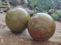 Polished Green Opal Spheres x 2 From Antsirabe, Madagascar