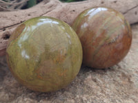 Polished Green Opal Spheres x 2 From Antsirabe, Madagascar