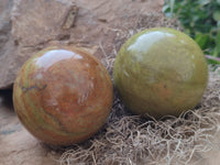 Polished Green Opal Spheres x 2 From Antsirabe, Madagascar