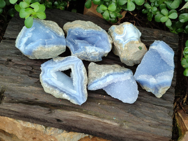 Natural Blue Lace Agate Geode Specimens x 6 From Nsanje, Malawi