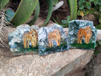 Hand Made Tiger Decoupage on Moss Agate Stone Slabs - Sold Per Item - From South Africa