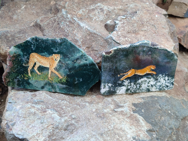 Hand Made Cheetahs Decoupage on Moss Agate Stone Slabs - Sold Per Item - From South Africa