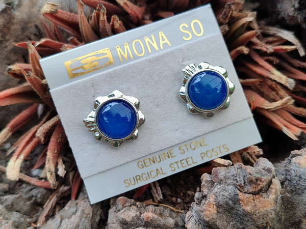 Polished Blue Onyx Agate with Surgical Steel Stud Earrings - Sold Per Pair - From China