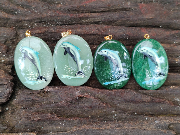 Polished Aventurine Pendant with Hand Painted Dolphin - Sold Per Item - From Zimbabwe