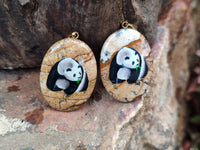 Polished Picture Stone Oval Pendant with Hand Painted Panda- Sold Per Item - From Namibia