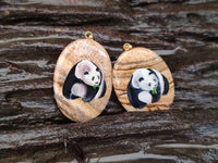 Polished Picture Stone Oval Pendant with Hand Painted Panda- Sold Per Item - From Namibia