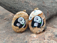 Polished Picture Stone Oval Pendant with Hand Painted Panda- Sold Per Item - From Namibia