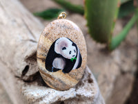 Polished Picture Stone Oval Pendant with Hand Painted Panda- Sold Per Item - From Namibia