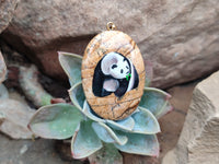 Polished Picture Stone Oval Pendant with Hand Painted Panda- Sold Per Item - From Namibia