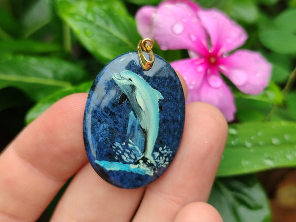 Polished Sodalite Pendant with Hand Painted Dolphin - Sold Per Item - From Namibia