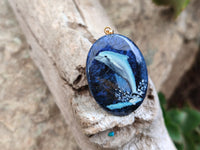 Polished Sodalite Pendant with Hand Painted Dolphin - Sold Per Item - From Namibia