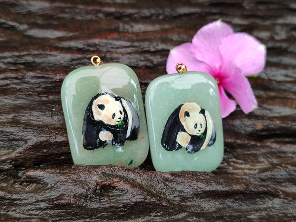 Polished Aventurine Pendant with Hand Painted Panda - Sold Per Item - From Zimbabwe