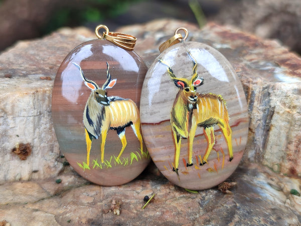 Polished Polychrome Jasper Pendant with Hand Painted Kudu - sold per item - From Madagascar