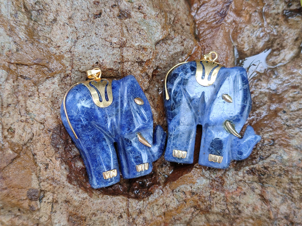 Polished Sodalite Elephant Pendant with Gold Bail and Trim - Sold Per Item - From Namibia