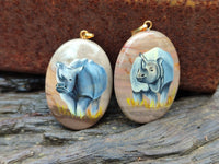 Polished Polychrome Jasper Pendant with Hand Painted Rhino - sold per item - From Madagascar