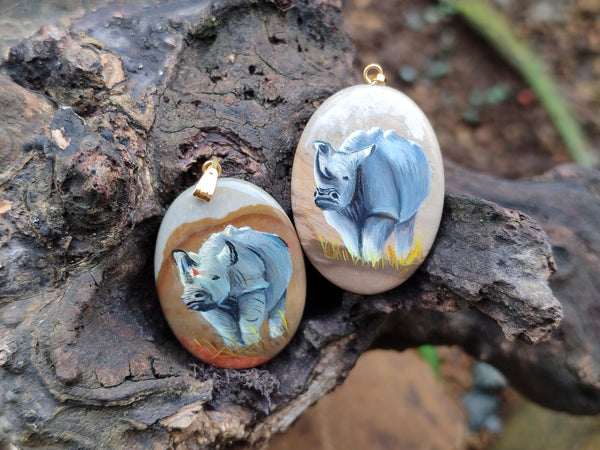 Polished Polychrome Jasper Pendant with Hand Painted Rhino - sold per item - From Madagascar