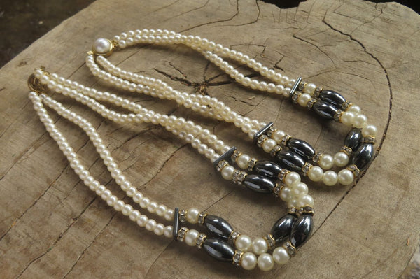 Polished Silver Hematite and Freshwater Pearl Beaded Necklace - Sold Per Item - From China