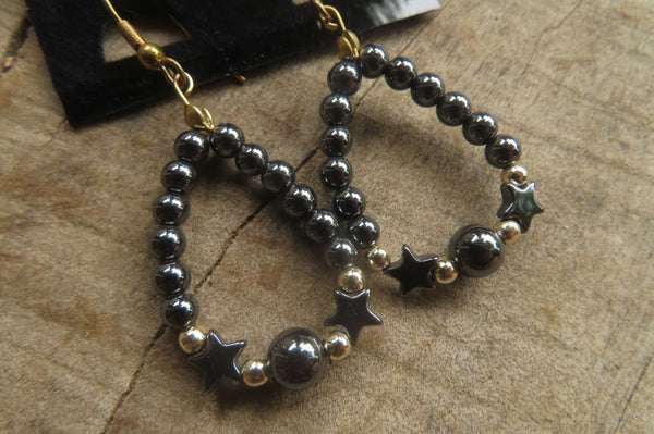 Polished Pair of Hematite Star Bead Loop Earrings - sold per Pair - From Southern Africa