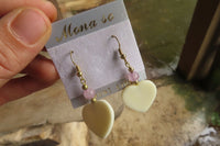 Polished Alabaster Heart and Rose Quartz Bead Earrings - Sold Per Set - From South Africa