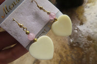 Polished Alabaster Heart and Rose Quartz Bead Earrings - Sold Per Set - From South Africa