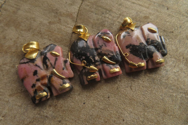 Polished Rhodonite Pink Elephant Pendant with Gold Bail and Trim - Sold Per Item - From Madagascar