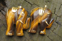 Polished Golden Tigers Eye Elephant Pendant with Gold Bail and Trim - Sold Per Item - From China