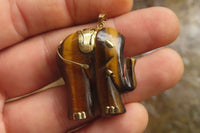 Polished Golden Tigers Eye Elephant Pendant with Gold Bail and Trim - Sold Per Item - From China