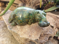 Hand Made Green Verdite Hippo Carvings x 3 From Zimbabwe